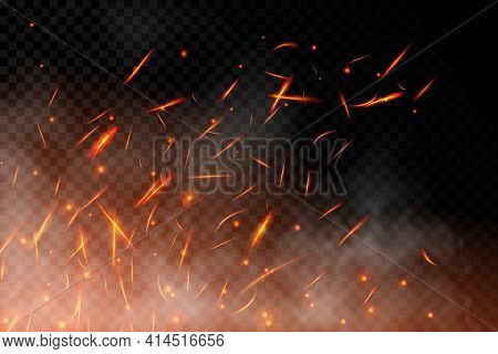 Realistic Fire Sparks Background On A Transparent Background. Burning Hot Sparks Effect With Embers 