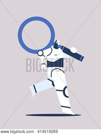 Cute Robot With Magnifying Glass Modern Robotic Character Artificial Intelligence Technology Explora