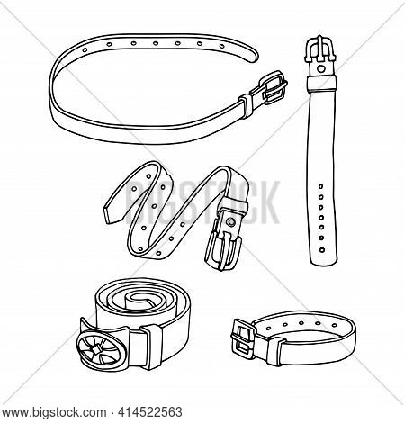 Set Of Simple Leather Belts With Metal Buckles, Pet Collars, Vector Illustration With Black Ink Cont