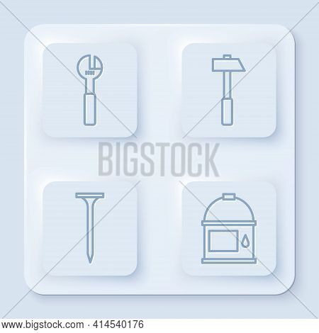 Set Line Adjustable Wrench, Hammer, Metallic Nail And Paint Bucket. White Square Button. Vector