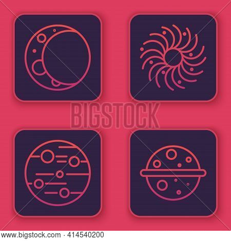 Set Line Moon, Planet Mars, Black Hole And Planet Venus. Blue Square Button. Vector