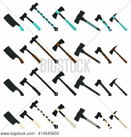 Illustration On Theme Big Kit Steel Axes With Wooden Handle, Metal Ax For Hunting. Pattern Ax Consis