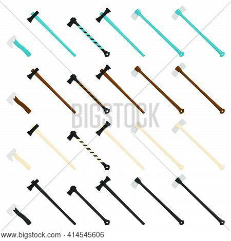 Illustration On Theme Big Kit Steel Axes With Wooden Handle, Metal Ax For Hunting. Pattern Ax Consis