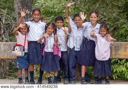 Darien Province, Panama. 07-18-2019. Indigenous Children Waving Happily In The Darien Province In Pa