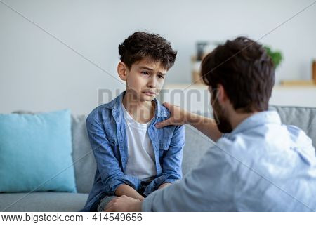 Father And Sad Son Having Heart To Heart Talk At Home, Daddy Trying To Solve Problems, Parent Calmin