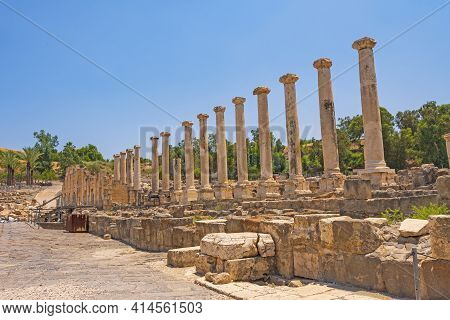 Roman Columns Amongst The Ruins In Beit She'an National Park In Israel
