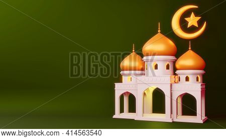 Ramadan Kareem Background, Mosque Building, 3d Rendering Illustration.