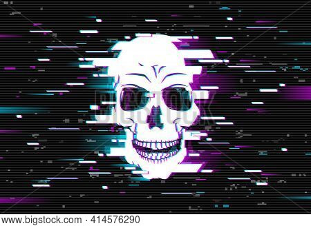 Human Skull On Glitched Screen Background. Computer Virus, Hacker Or Malware Software, Phishing Atta