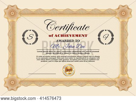 Certificate Of Achievement Or Appreciation Vector Template With Guilloche Frame Border And Premium G