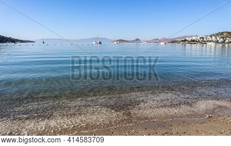 Beautiful Calm Blue Bay With Sand Beach In Mediterranean. Holiday And Relaxation On Sea Coast.