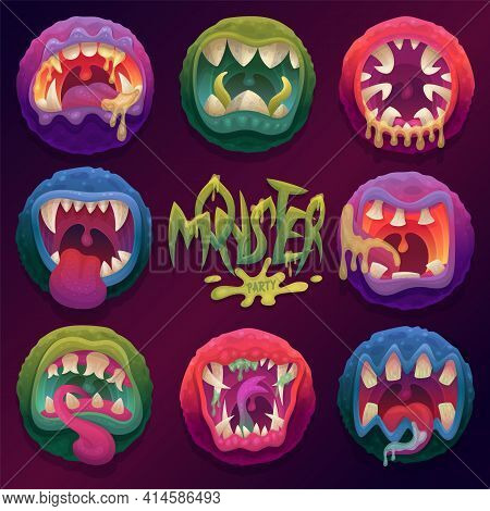 Terrible Monster Mouths With Tongues, Sharp Teeth And Scary Expression Facial.