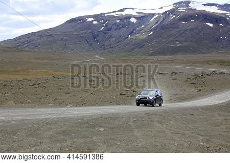 Kjolur / Iceland - August 25, 2017: A Car Goes Across The Kjolur Highland Road, Iceland, Europe
