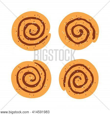 Cinnamon Rolls With Sugar. Set Of Swirl Buns. Hand Drawn Isolated Vector Illustration On White Backg