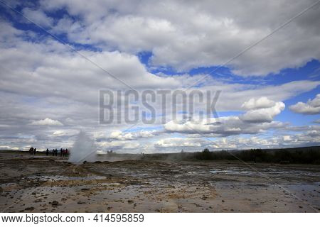 Geysir / Iceland - August 25, 2017: Strokkur Geysir Eruption Near Golden Circle, Iceland