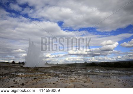 Geysir / Iceland - August 25, 2017: Strokkur Geysir Eruption Near Golden Circle, Iceland