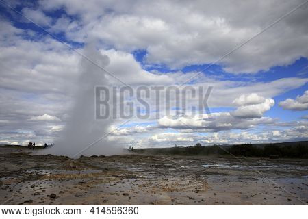 Geysir / Iceland - August 25, 2017: Strokkur Geysir Eruption Near Golden Circle, Iceland