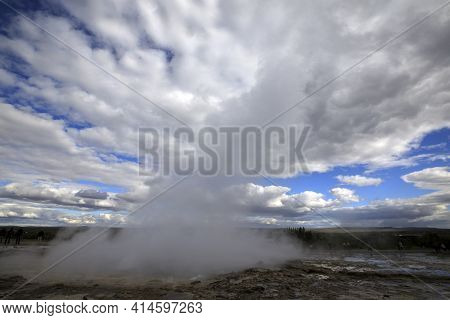 Geysir / Iceland - August 25, 2017: Strokkur Geysir Eruption Near Golden Circle, Iceland