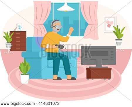 Old People Play Video Game. Senior People With Different Gadgets. Oldster Education On Computer