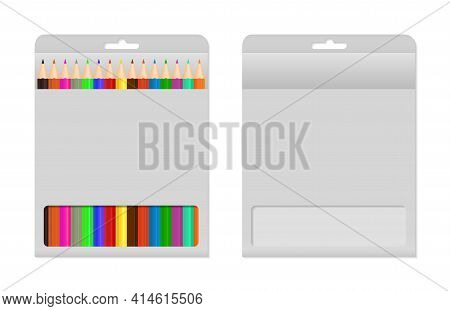 Box With Pencil. Package With Pencil. Mockup Of Empty Pack, Pack With Color Crayon. Cardboard Case F