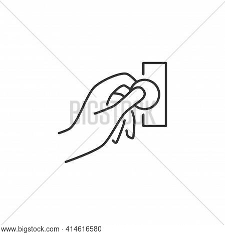 Hand Insert Coin Into The Coin Acceptor Related Vector Line Icon. Sign Isolated On The White Backgro
