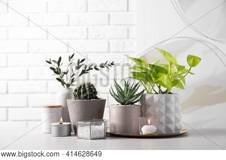 Beautiful Scindapsus, Aloe And Cactus In Pots With Decor On Grey Table Against White Brick Wall. Dif