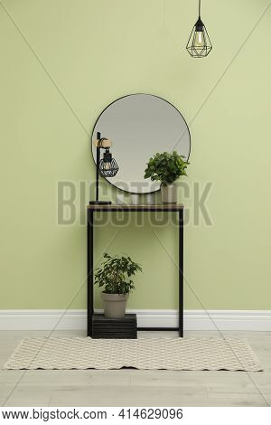 Hallway With Stylish Console Table And Mirror. Interior Design