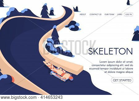Skeleton Landing Page Template. Vector Scene With Character Riding Down On Sled In Winter Scenery. V