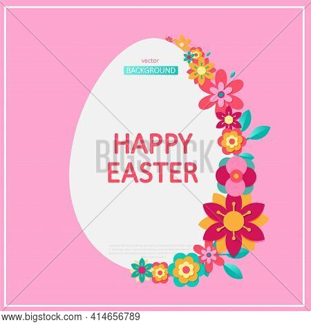 Easter Card With Egg Image, Spring Colorful Flowers On Pink Background. Paper Cut Effect . Vector Il