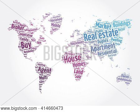 Real Estate Word Cloud In Shape Of World Map, Business Concept Background