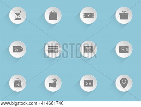 Black Friday Vector Icons On Round Puffy Paper Circles With Transparent Shadows On Blue Background. 