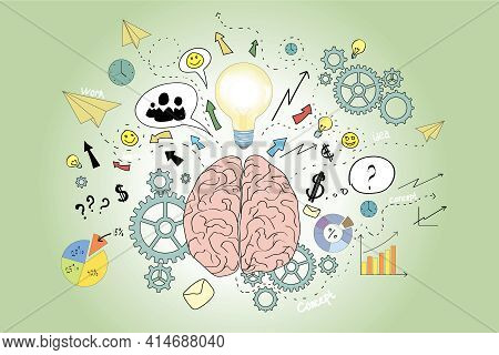 Brain Icons Sketch, Pink, Green, Brainwork, Brainstorm Concept. 3d Rendering