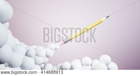 Launched Pencil, Clouds, Pink Background, Writing Concept, 3d Rendering