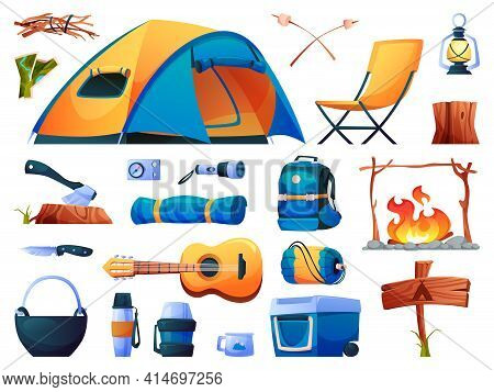 Camping Set Isolated Tourist Equipment Icons. Vector Hiking Tent, Sleeping Bag And Campfire, Guitar 