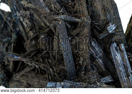 Macro Stone Mineral Antimonite, Stibnite On A White Background