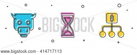 Set Bull Market, Old Hourglass And Blockchain Technology Bitcoin Icon. Vector
