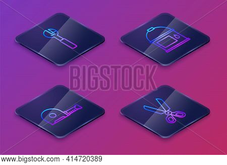Set Isometric Line Adjustable Wrench, Roulette Construction, Paint Bucket And Scissors. Blue Square 