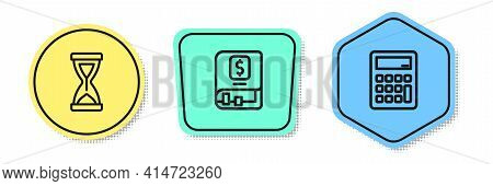 Set Line Old Hourglass, Financial Book And Calculator. Colored Shapes. Vector