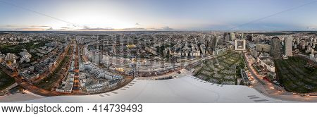 Paris, France - Jun 18, 2020: Panoramic 360 Aerial Shot Of Skyscrapers In La Defense Post Pandemic L