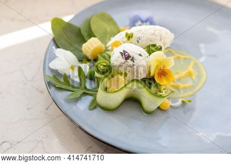 Healthy, Decorative Summer Salad With Organic Rucola And Spinach, Goat Cheese, Mustard Sauce, Edible