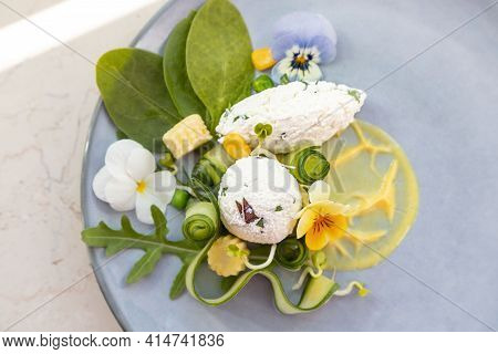 Healthy, Decorative Summer Salad With Organic Rucola And Spinach, Goat Cheese, Mustard Sauce, Edible