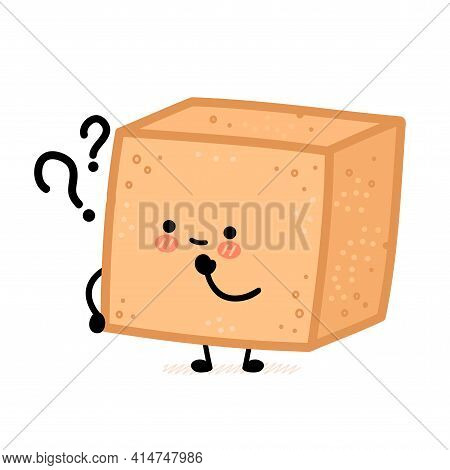 Cute Brown Cane Sugar Cube Character With Question Mark. Vector Flat Line Cartoon Kawaii Character I