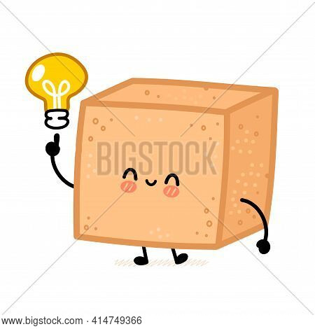 Cute Brown Cane Sugar Cube Character With Idea Light Bulb. Vector Flat Line Cartoon Kawaii Character