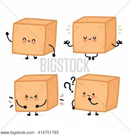 Cute Funny Happy Brown Cane Sugar Piece Cube Character Set Collection. Vector Flat Line Cartoon Kawa