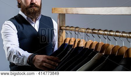Tailor, Tailoring. Stylish Mens Suit. Handsome Bearded Fashion Man In Classical Costume Suit. Man Su