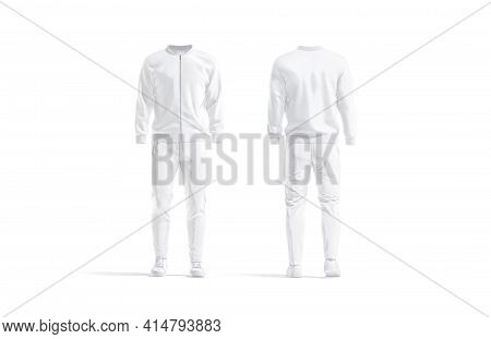 Blank White Sport Tracksuit With Bomber, Pants And Sneakers Mockup, 3d Rendering. Empty Jersey Suit 
