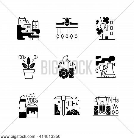 Air Pollution Black Linear Icons Set. People Damaging Planet Environment And Atmosphere. Rubish Incr
