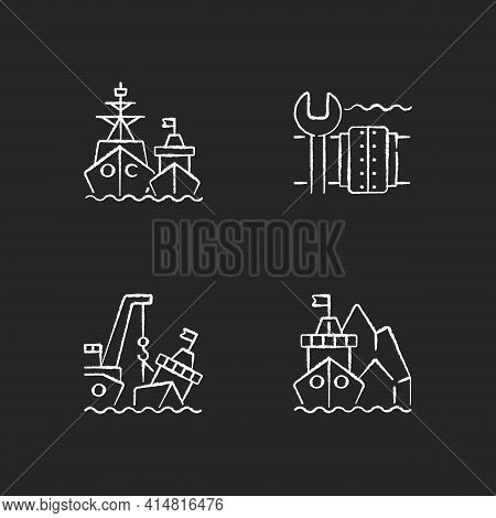 Maritime Structures And Regulation Chalk White Icons Set On Black Background. Military Force Unit. U