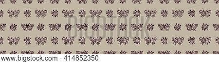 Hand Carved Butterfly Block Print Seamless Border Pattern. Rustic Naive Folk Motif Illustration Bann
