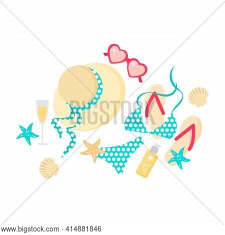 Colorful Vector Summer Set For Decoration Design. Colorful Summer Set In Trendy Style On White Backg