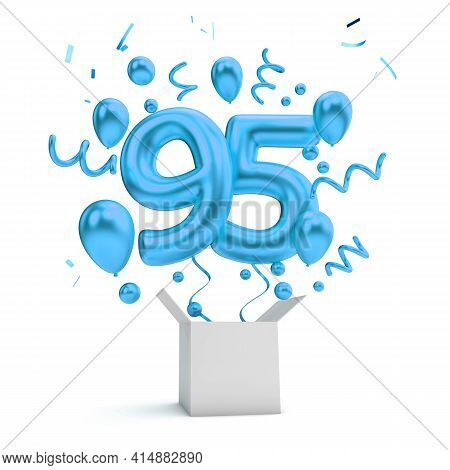 Happy 95th Birthday Blue Surprise Balloon And Box. 3d Rendering
